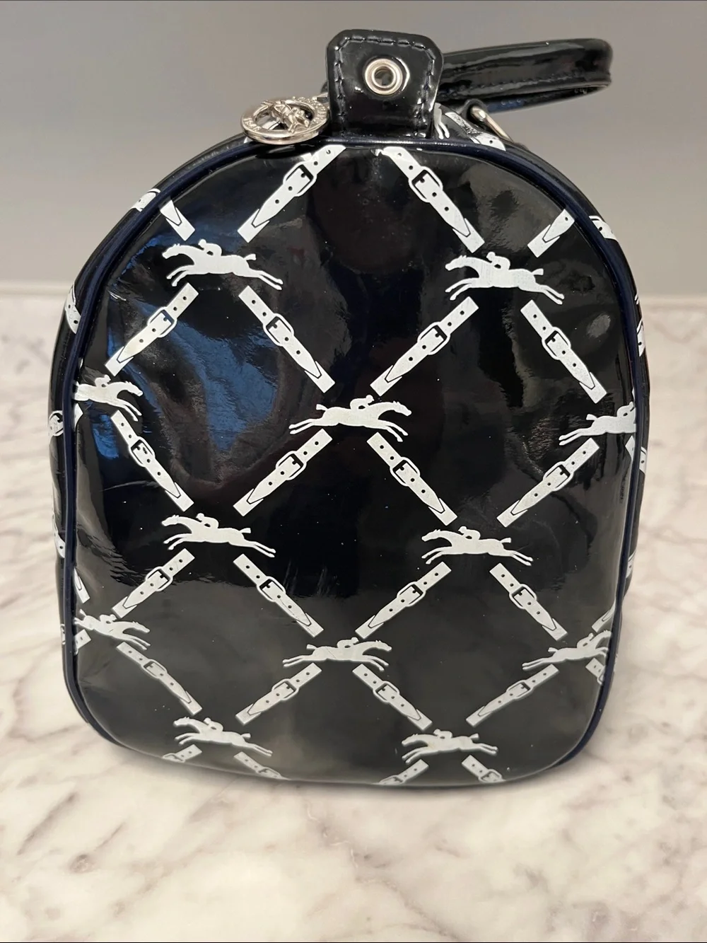 Longchamp Blue Patent Leather Satchel with White Chain-Link Pattern - Picture 5 of 9